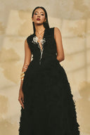 L' SCARLETT • Flared V-Neck 3D Crystal Flower Jacquard Maxi Dress