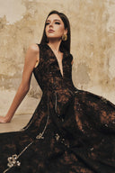 L' SCARLETT • Flared Crystal Floral Sequin Lace Midi Dress