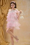 Tiered Blush Pink Cocktail Mini Dress for women, from MADDY HATES ROSE, The Viet Concept