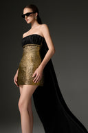 Aurelia Gold Metallic Jacquard Bustier Train Mini Dress for women, from IHF STUDIO, The Viet Concept