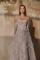 L' SCARLETT • Glitter Lace Off-Shoulder 3D Crystal Flower A-Line Maxi Dress