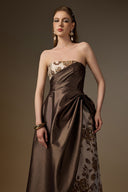 IHF ATELIER • Rose Branch Brocade Bustier A-Line Gown With Draped Cape
