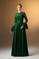 IHF ATELIER • Emerald Reverie French Lace A-Line Gown With Ruffled Sleeves