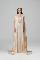 Ivory Metallic Striped Chiffon Bustier Column Gown With Cape for women, from IHF ATELIER, The Viet Concept