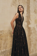 L' SCARLETT • Flared Crystal Floral Sequin Lace Midi Dress