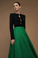V-Cut Column A-Line Gown Black Green Long Sleeve Velvet Bow for women, from IHF ATELIER, The Viet Concept 
