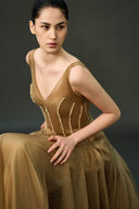 EEGEN STUDIO • Champagne Draped Bust Floor Length Dress