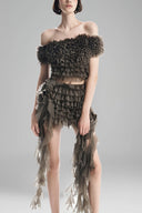 Dark Ash Green Off-Shoulder Cropped Top with 3D Floral Ruffled Layers for women, from Must Have, The Viet Concept 
