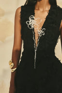 L' SCARLETT • Flared V-Neck 3D Crystal Flower Jacquard Maxi Dress