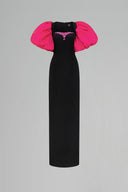 Black Fuchsia Puff Sleeve Column Evening Gown for women, from IHF ATELIER, The Viet Concept