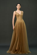 EEGEN STUDIO • Champagne Draped Bust Floor Length Dress