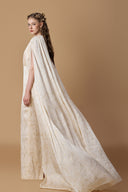 Ivory Metallic Striped Chiffon Bustier Column Gown With Cape for women, from IHF ATELIER, The Viet Concept