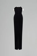 IHF STUDIO • Off Shoulder Velvet Column Gown with Handmade Rosette Appliqués