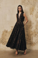 L' SCARLETT • Flared Crystal Floral Sequin Lace Midi Dress