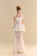LINH PHUNG • Ameline Floral Sequin Mermaid Gown with Sheer Corset & Detachable Cape