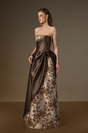 IHF ATELIER • Rose Branch Brocade Bustier A-Line Gown With Draped Cape