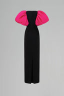 Black Fuchsia Puff Sleeve Column Evening Gown for women, from IHF ATELIER, The Viet Concept