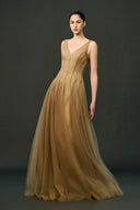 EEGEN STUDIO • Champagne Draped Bust Floor Length Dress