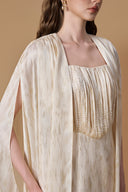 Ivory Metallic Striped Chiffon Bustier Column Gown With Cape for women, from IHF ATELIER, The Viet Concept