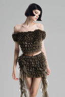 Dark Ash Green Off-Shoulder Cropped Top with 3D Floral Ruffled Layers for women, from Must Have, The Viet Concept 