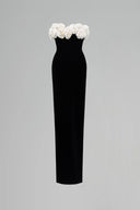 IHF STUDIO • Off Shoulder Velvet Column Gown with Handmade Rosette Appliqués