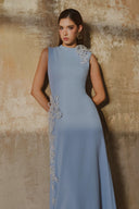 L' SCARLETT • Blue 3D Crystal Floral Embellished Poly Crepe Maxi Dress