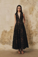 L' SCARLETT • Flared Crystal Floral Sequin Lace Midi Dress