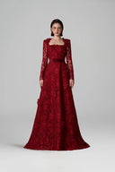 IHF ATELIER • Dark Red Guipure Lace A-Line Trapeze Neck Gown - Silk Waist Belt
