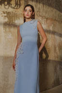 L' SCARLETT • Blue 3D Crystal Floral Embellished Poly Crepe Maxi Dress