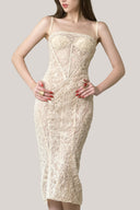 Beige Malèna Lace Bodycon Midi Dress for women, fromLa Vierge, The Viet Concept 