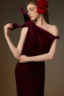 IHF ATELIER • Dark red Velvet Asymmetric One-Shoulder Draped Column Gown