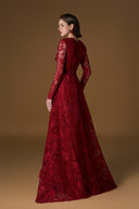 IHF ATELIER • Dark Red Guipure Lace A-Line Trapeze Neck Gown - Silk Waist Belt