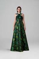 Emerald Green A-Line Gown – Taffeta Floral Jacquard Crystal Tie for women, from IHF ATELIER, The Viet Concept 