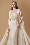 Ivory Metallic Striped Chiffon Bustier Column Gown With Cape for women, from IHF ATELIER, The Viet Concept