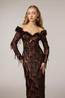21SIX • Yasmine Sequin Off-Shoulder Sheer Sleeve Evening Gown