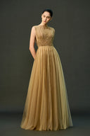 EEGEN STUDIO • Champagne Beaded Waist Floor Length Dress