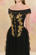 Ambessa Golden Off-Shoulder Layered Gown for women, from JOSEPHINE, The Viet Concept