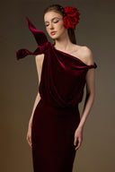 IHF ATELIER • Dark red Velvet Asymmetric One-Shoulder Draped Column Gown