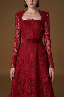IHF ATELIER • Dark Red Guipure Lace A-Line Trapeze Neck Gown - Silk Waist Belt