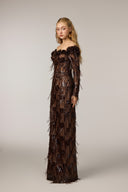 21SIX • Yasmine Sequin Off-Shoulder Sheer Sleeve Evening Gown
