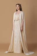 Ivory Metallic Striped Chiffon Bustier Column Gown With Cape for women, from IHF ATELIER, The Viet Concept
