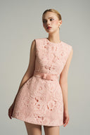 Pink Lace Structured Mini Dress with Puff Hips and Crystal Bow Belt for women, from IHF STUDIO, The Viet Concept 
