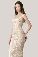 Beige Malèna Lace Bodycon Midi Dress for women, fromLa Vierge, The Viet Concept 