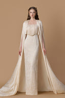 Ivory Metallic Striped Chiffon Bustier Column Gown With Cape for women, from IHF ATELIER, The Viet Concept