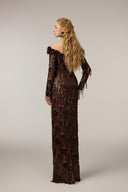 21SIX • Yasmine Sequin Off-Shoulder Sheer Sleeve Evening Gown