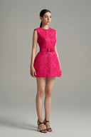 Fuchsia Sculpted Lace Mini Dress With Crystal Bow Belt for women, from IHF STUDIO, The Viet Concept 