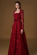 IHF ATELIER • Dark Red Guipure Lace A-Line Trapeze Neck Gown - Silk Waist Belt