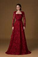 IHF ATELIER • Dark Red Guipure Lace A-Line Trapeze Neck Gown - Silk Waist Belt