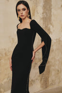 L' SCARLETT • Long Flared-Sleeve Crystal-Beaded Crepe Maxi Dress