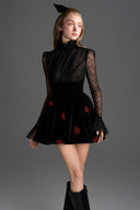 IHF STUDIO • Noir Vine Guipure Lace & Velvet Draped Mini Dress
